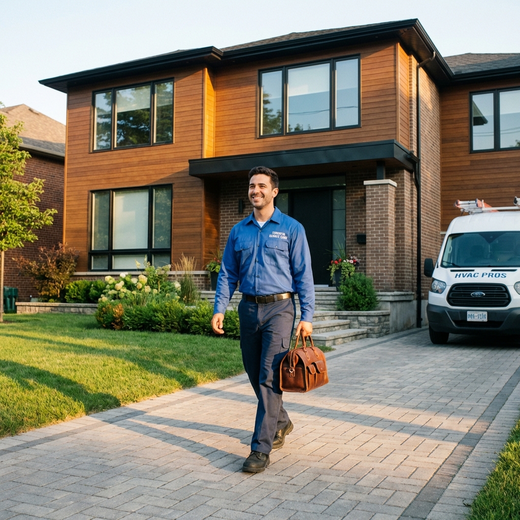 Friendly HVAC technician walking up to a Toronto home
